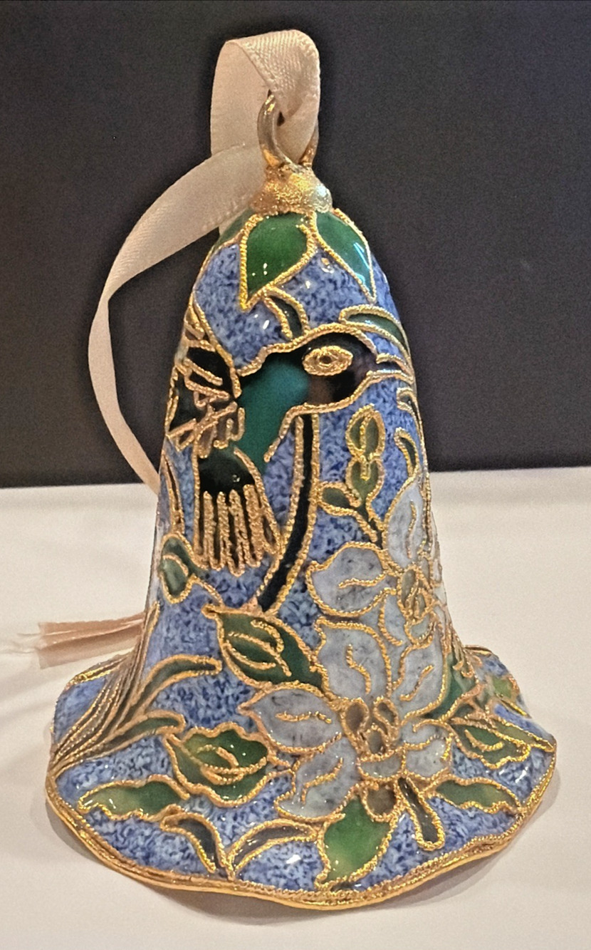 Vintage Enamel Cloisonné Bell Ornament Hummingbird Floral Blue Gold